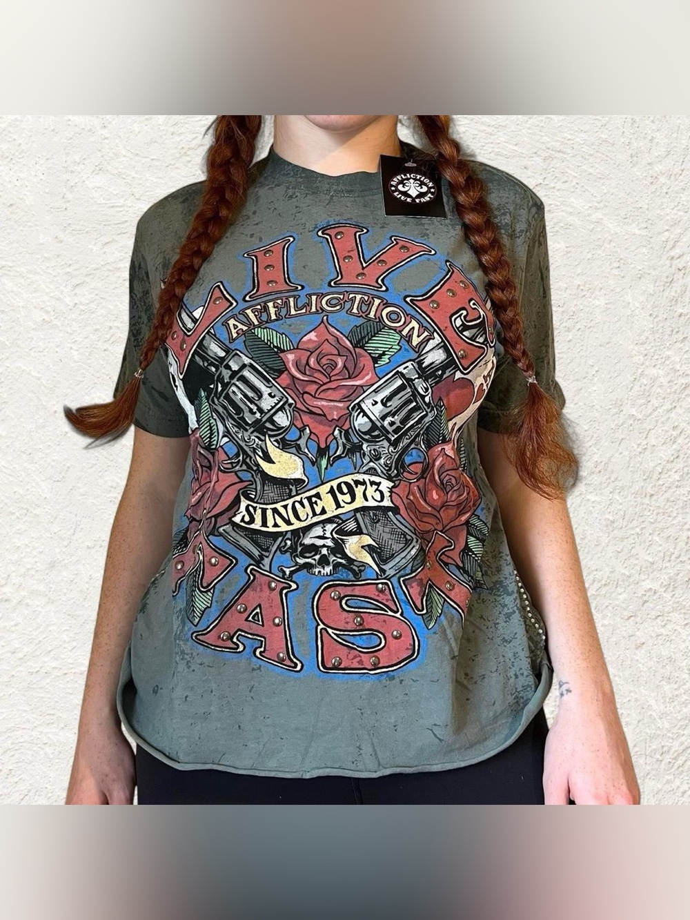 Affliction Olive Graphic Tee with Red & Blue Artwork